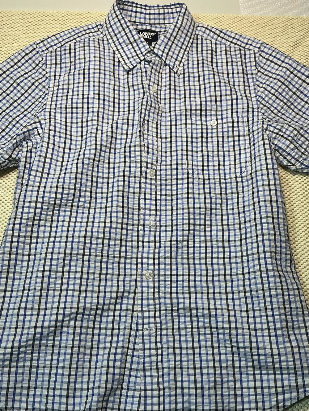 Lands’ End Seersucker Shirt Men’s M Traditional Fit Blue Plaid Short Sleeve